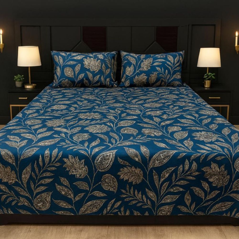 Royal Blue Botanical Printed Bedsheet