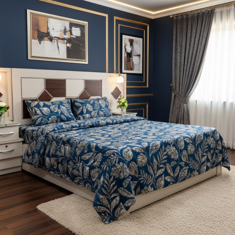 Royal Blue Botanical Printed Bedsheet